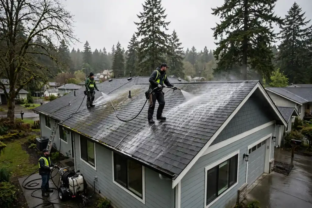 Roof cleaning Creswell OR — crew soft washing a Creswell home