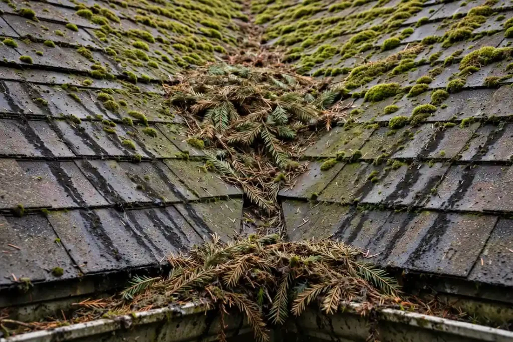 Moss and Douglas fir needles on a Creswell OR roof